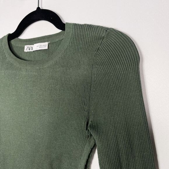 Zara Womens Small S Green Cropped Ribbed Sweater Side Tie Keyhole Opening Fitted - Picture 3 of 8